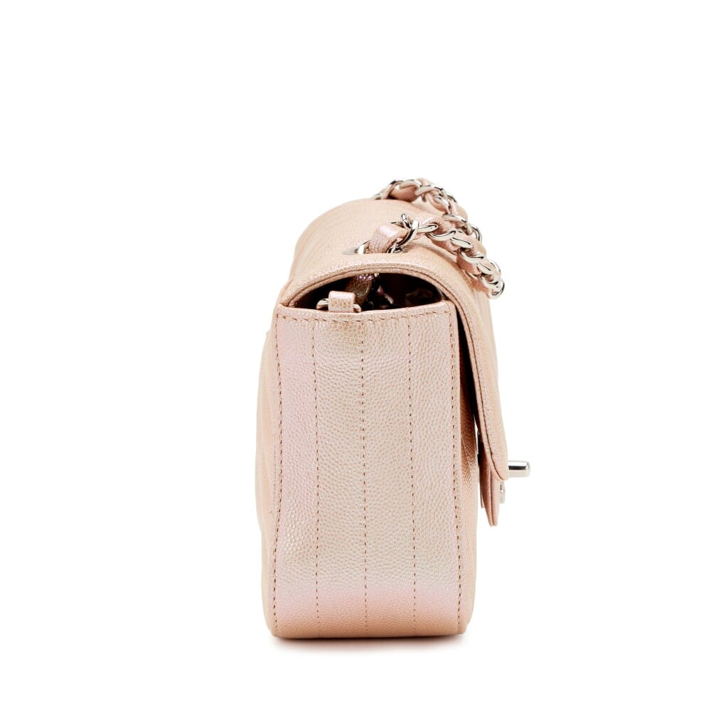 Iridescent Rose Gold Chevron Quilted Caviar Mini Flap Bag Silver Hardware, 2017
