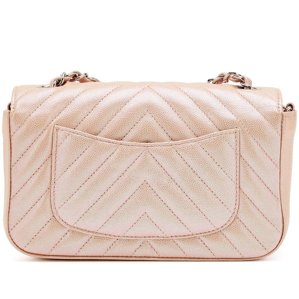 Iridescent Rose Gold Chevron Quilted Caviar Mini Flap Bag Silver Hardware, 2017