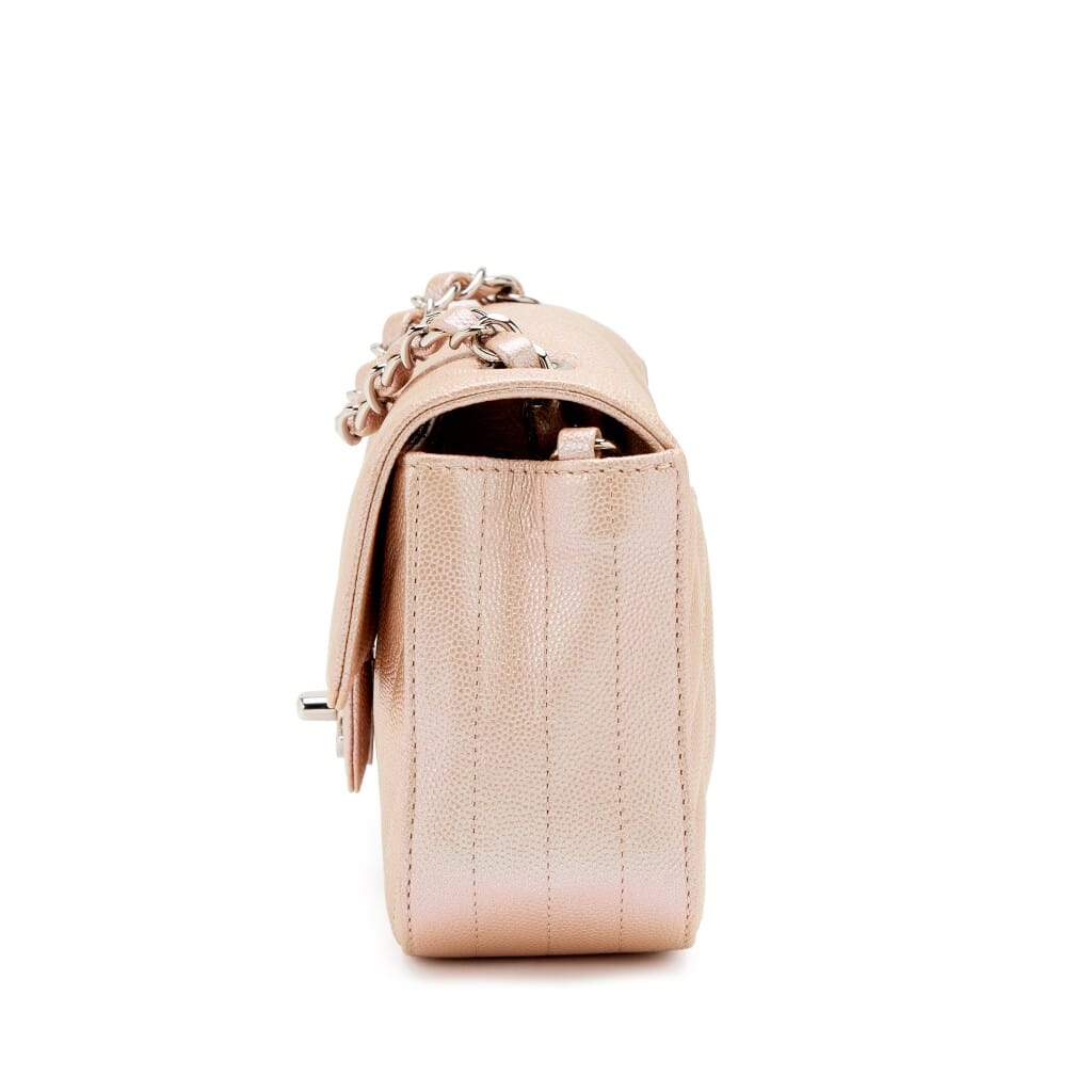 Iridescent Rose Gold Chevron Quilted Caviar Mini Flap Bag Silver Hardware, 2017