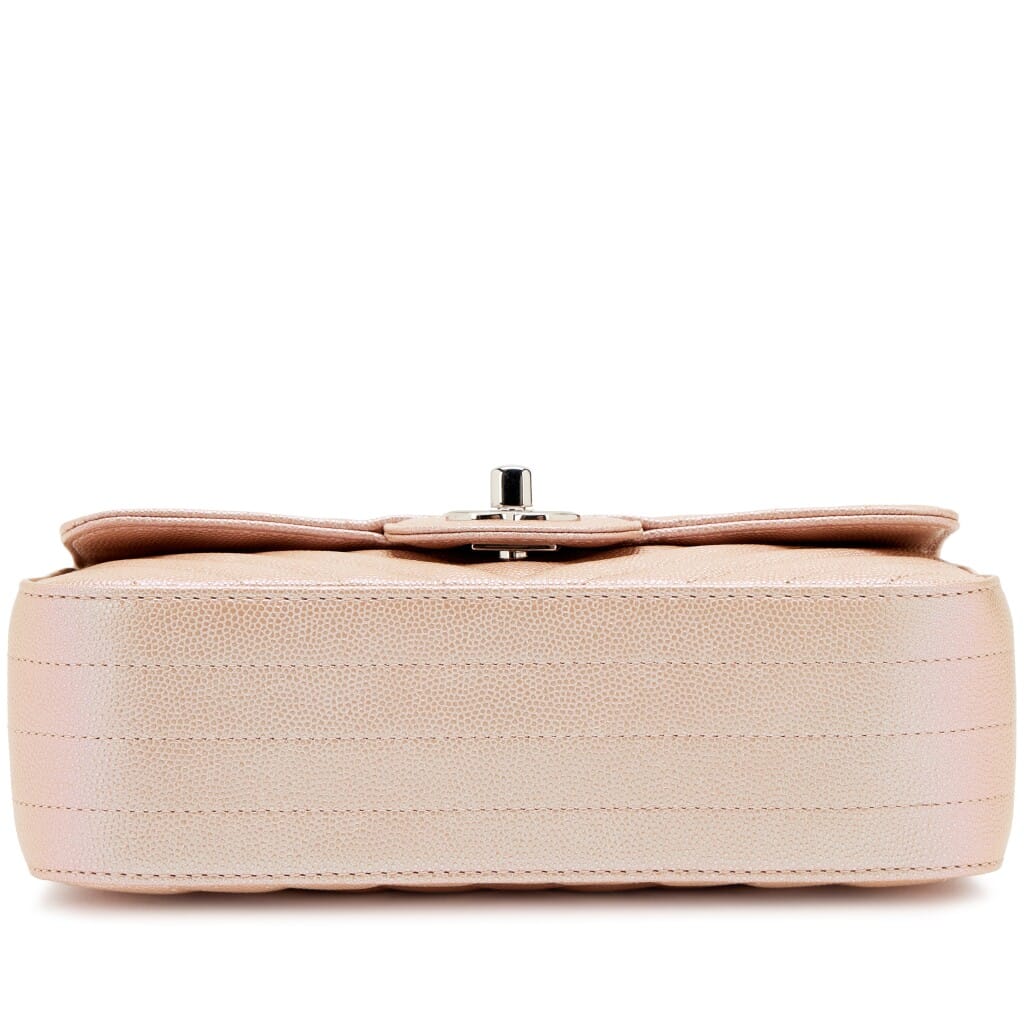 Iridescent Rose Gold Chevron Quilted Caviar Mini Flap Bag Silver Hardware, 2017