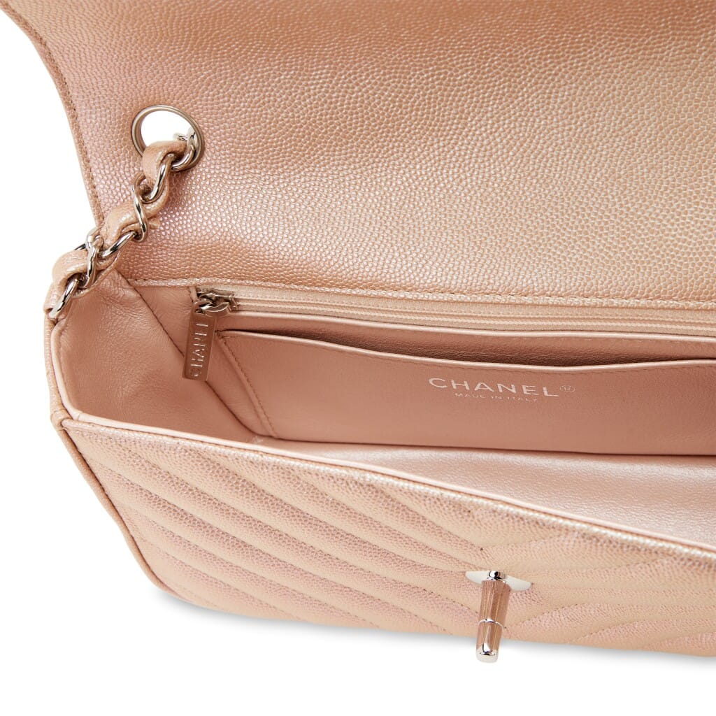 Iridescent Rose Gold Chevron Quilted Caviar Mini Flap Bag Silver Hardware, 2017