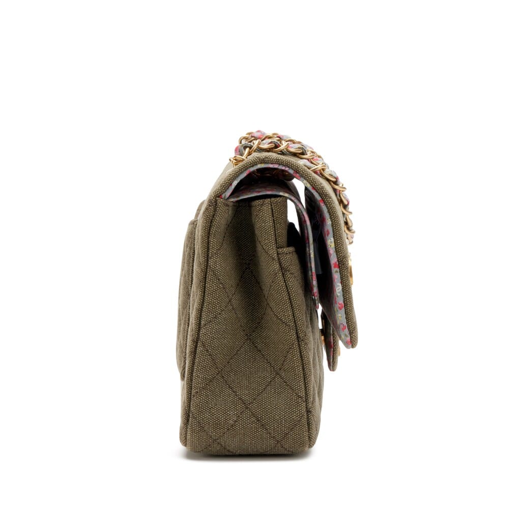 Khaki Quilted Canvas Coco Cuba Charms Medium Classic Double Flap Bag Aged Gold Hardware, 2017