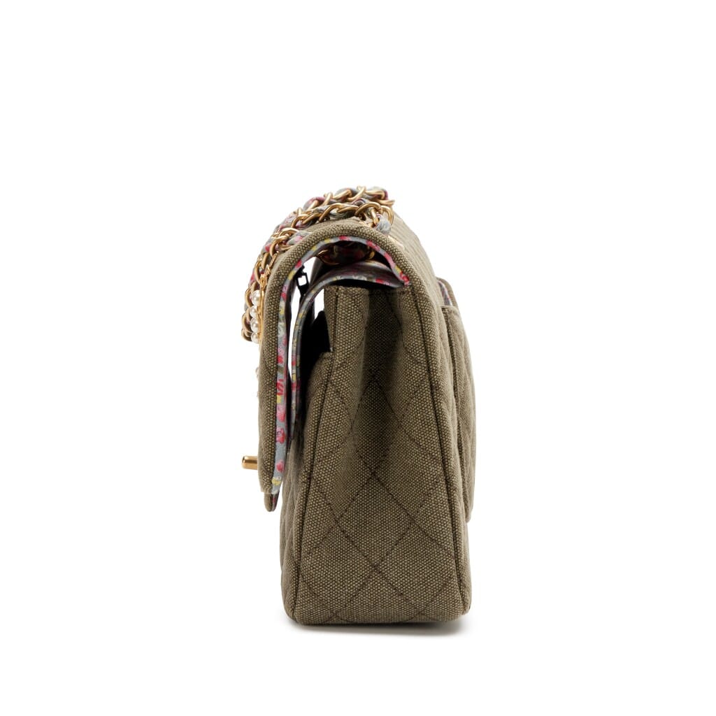 Khaki Quilted Canvas Coco Cuba Charms Medium Classic Double Flap Bag Aged Gold Hardware, 2017