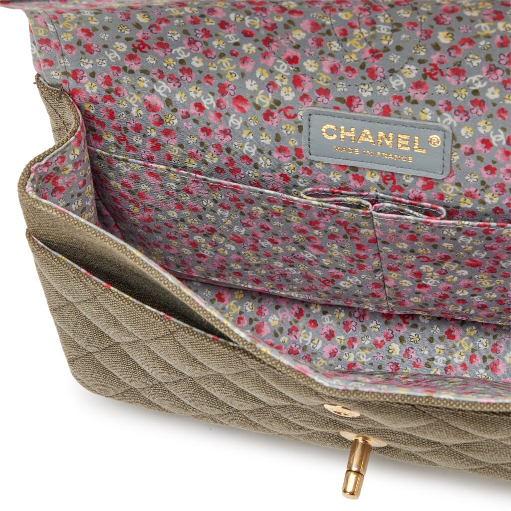 Khaki Quilted Canvas Coco Cuba Charms Medium Classic Double Flap Bag Aged Gold Hardware, 2017