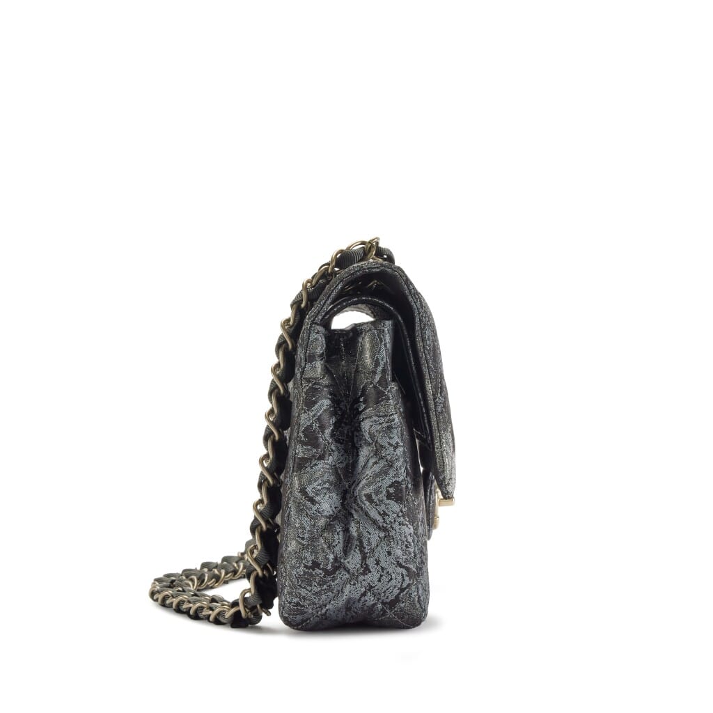 Metallic Dark Grey Quilted Brocade Medium Double Flap Bag Aged Hardware, 2010
