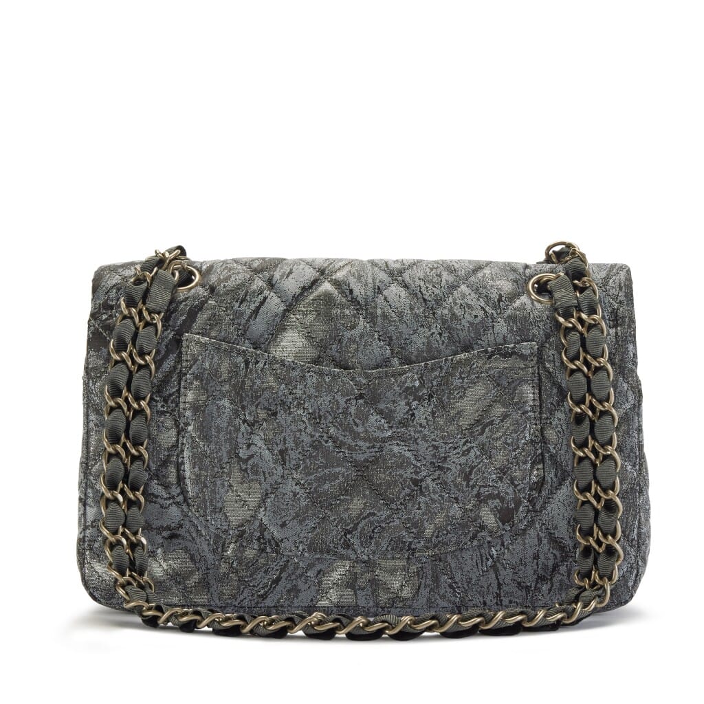 Metallic Dark Grey Quilted Brocade Medium Double Flap Bag Aged Hardware, 2010