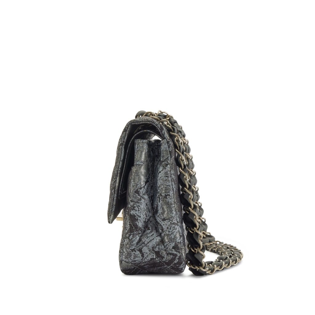 Metallic Dark Grey Quilted Brocade Medium Double Flap Bag Aged Hardware, 2010
