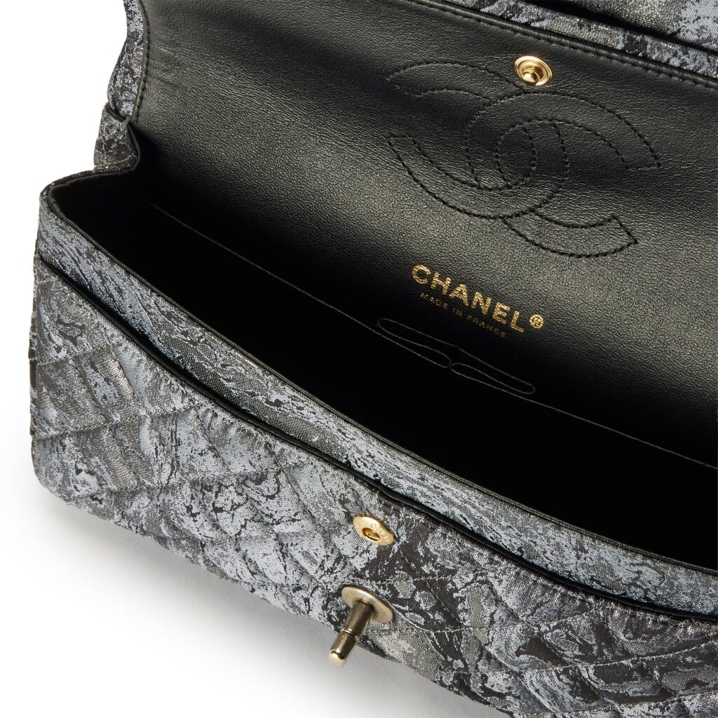 Metallic Dark Grey Quilted Brocade Medium Double Flap Bag Aged Hardware, 2010