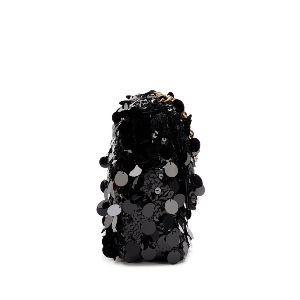 Black Sequin, Satin and Lambskin CC Medium Flap Bag Aged Gold Hardware, 2022