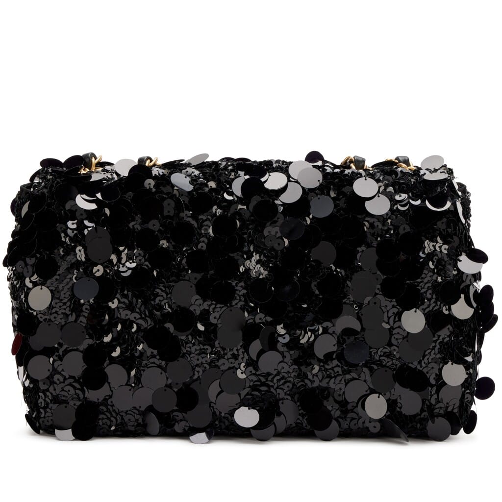 Black Sequin, Satin and Lambskin CC Medium Flap Bag Aged Gold Hardware, 2022
