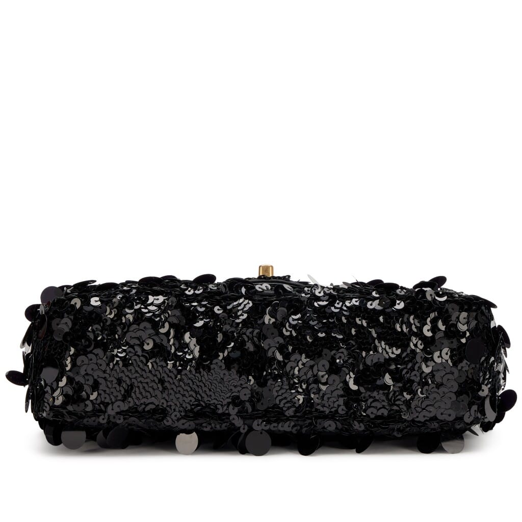 Black Sequin, Satin and Lambskin CC Medium Flap Bag Aged Gold Hardware, 2022