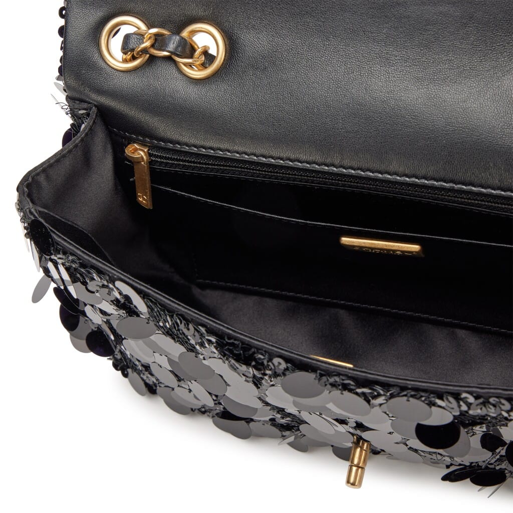 Black Sequin, Satin and Lambskin CC Medium Flap Bag Aged Gold Hardware, 2022