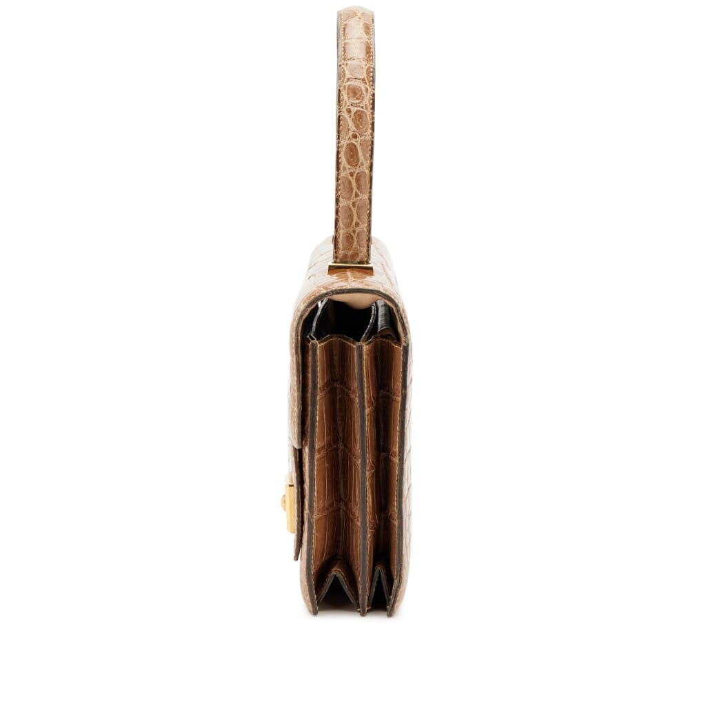Naturel Shiny Porosus Crocodile Sac Piano Gold Hardware, 1970s-1980s