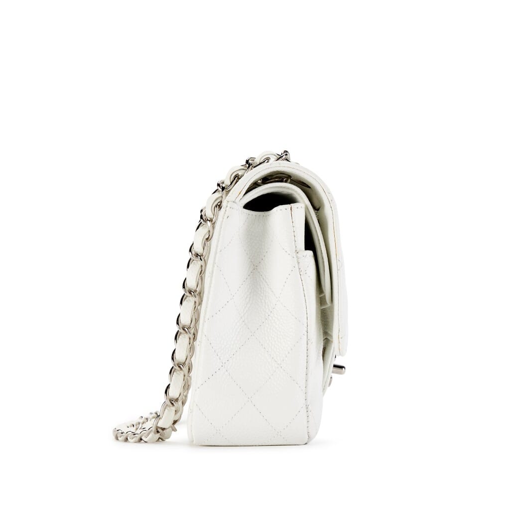 White Quilted Caviar Medium Classic Double Flap Bag Silver Hardware, 2005-2006