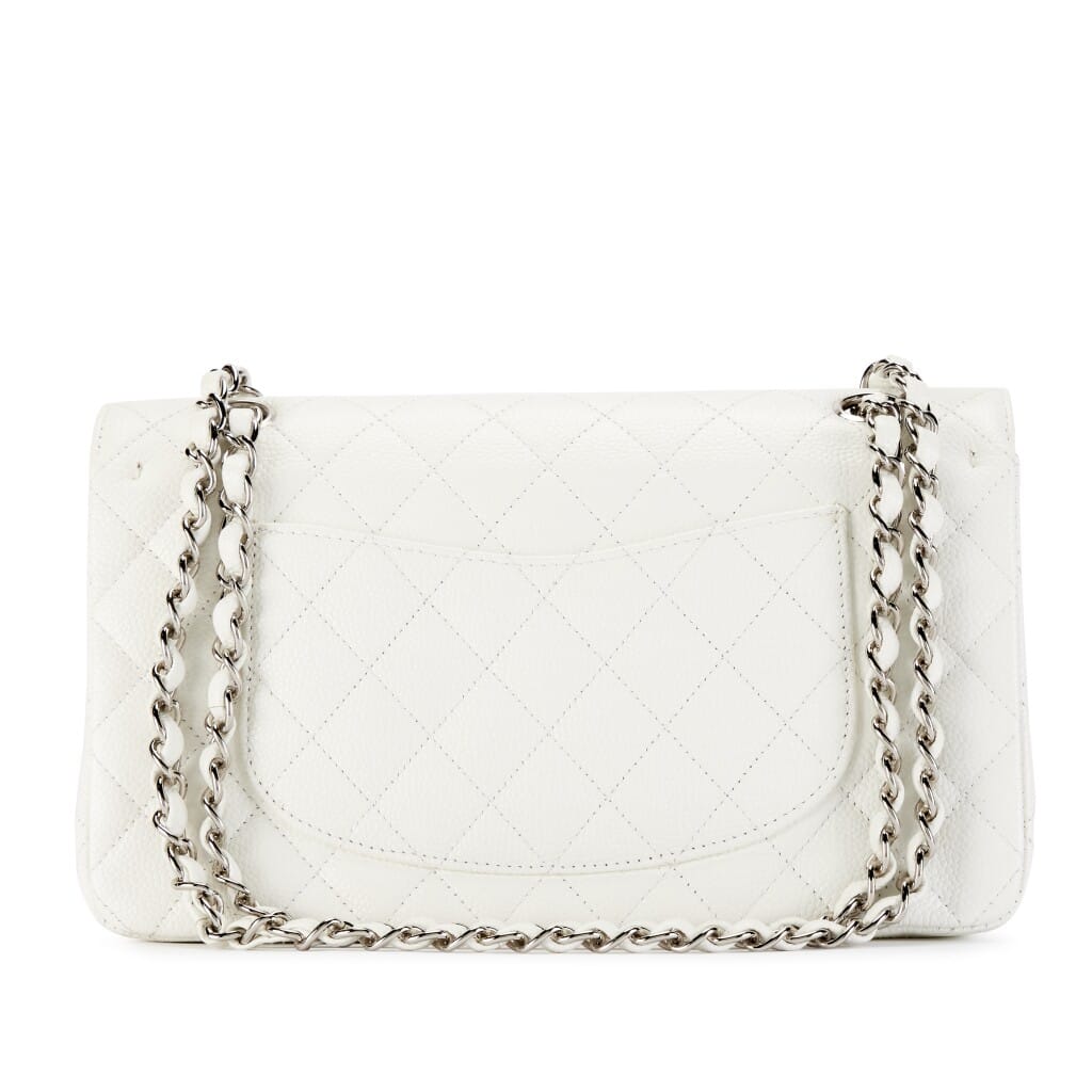 White Quilted Caviar Medium Classic Double Flap Bag Silver Hardware, 2005-2006