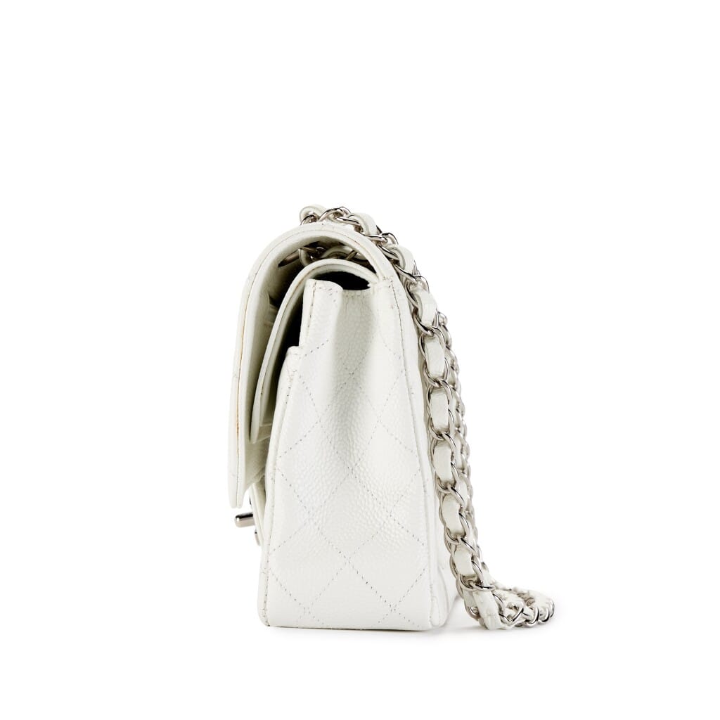 White Quilted Caviar Medium Classic Double Flap Bag Silver Hardware, 2005-2006