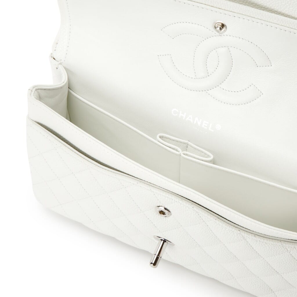 White Quilted Caviar Medium Classic Double Flap Bag Silver Hardware, 2005-2006