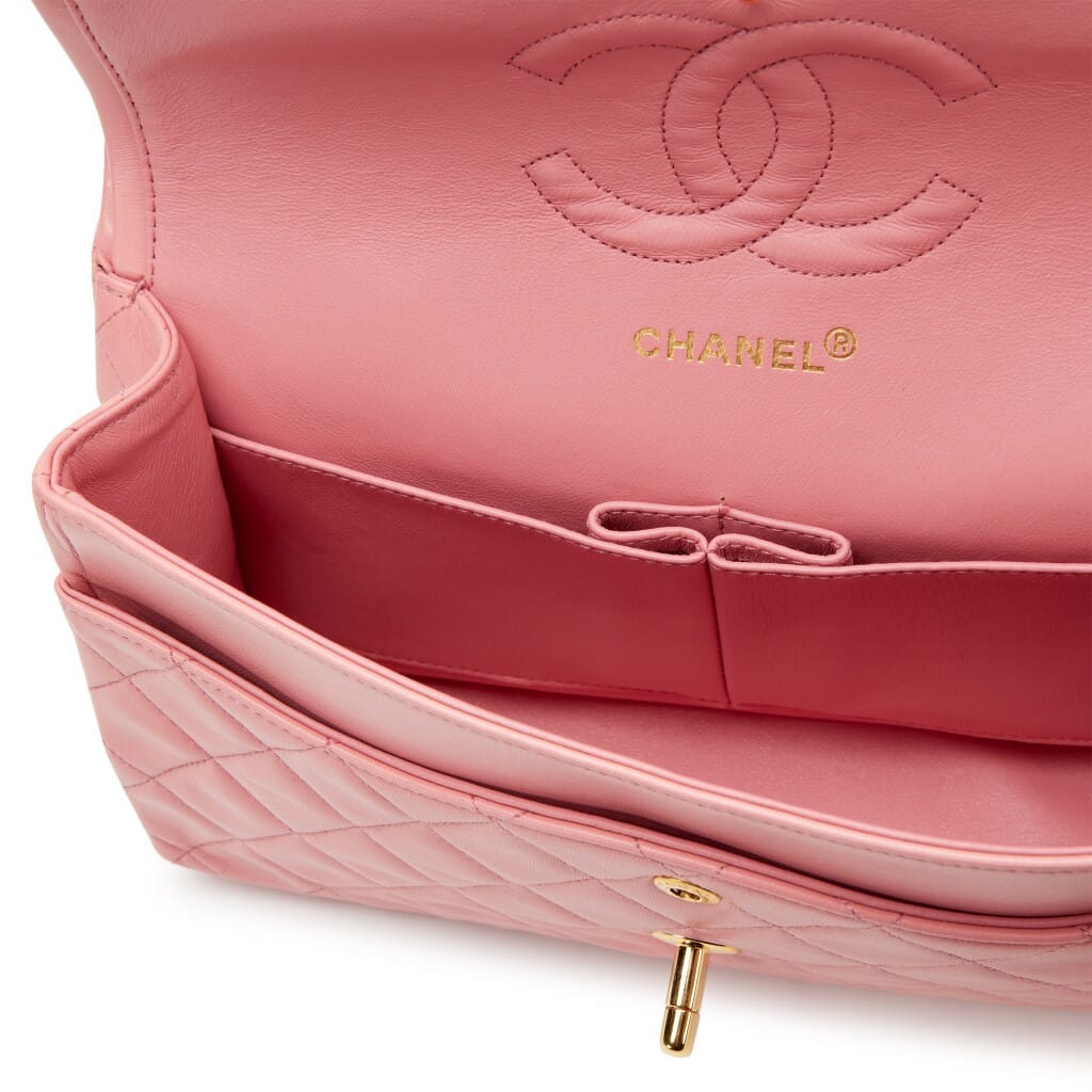 Vintage Sakura Pink Quilted Lambskin Classic Medium Double Flap Bag Gold Hardware, 1989-1991