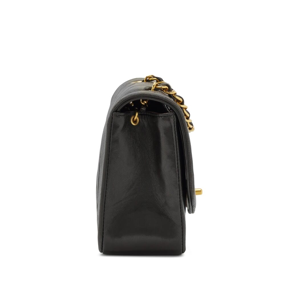 Vintage Black Quilted Lambskin Small Diana Flap Bag Gold Hardware, 1991-1994