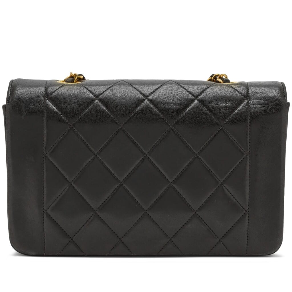 Vintage Black Quilted Lambskin Small Diana Flap Bag Gold Hardware, 1991-1994