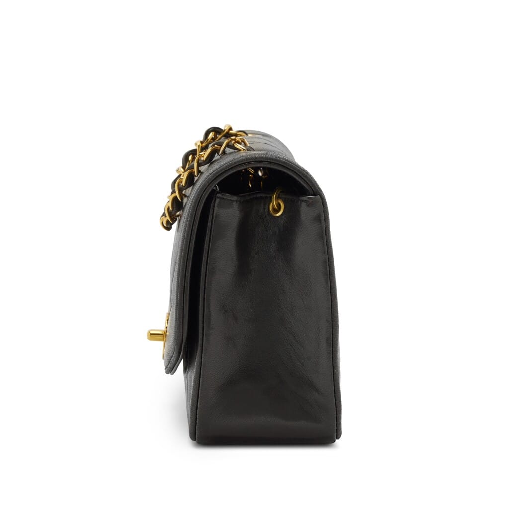 Vintage Black Quilted Lambskin Small Diana Flap Bag Gold Hardware, 1991-1994