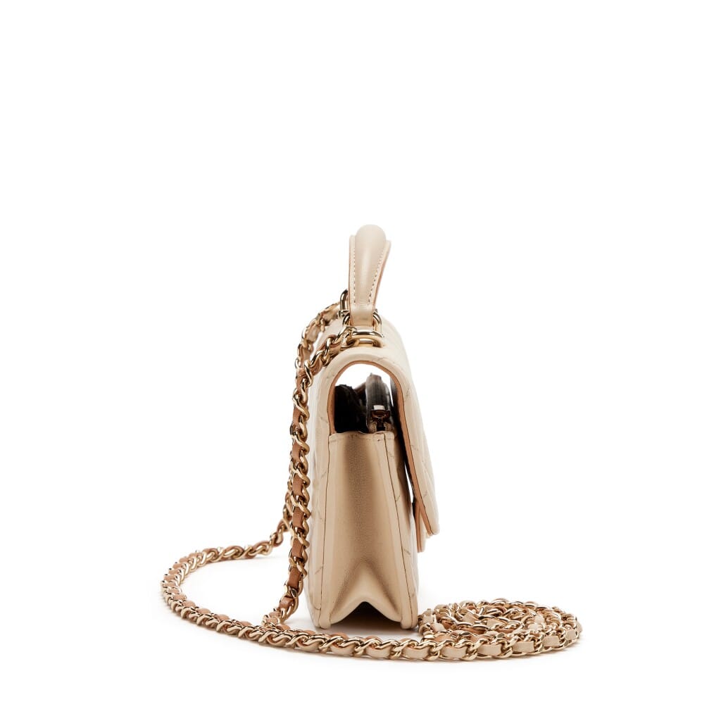 Beige and Brown Quilted Lambskin Phone Holder Flap Bag with Chain Light Gold Hardware, 2023