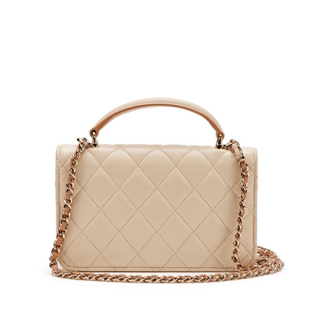 Beige and Brown Quilted Lambskin Phone Holder Flap Bag with Chain Light Gold Hardware, 2023