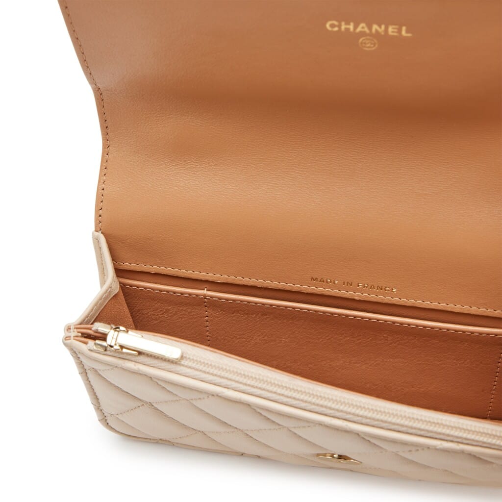 Beige and Brown Quilted Lambskin Phone Holder Flap Bag with Chain Light Gold Hardware, 2023