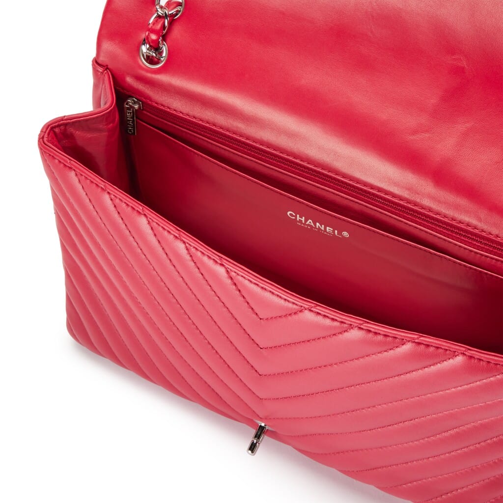 Raspberry Pink Chevron Quilted Lambskin Classic Maxi Single Flap Bag Silver Hardware, 2009-2010
