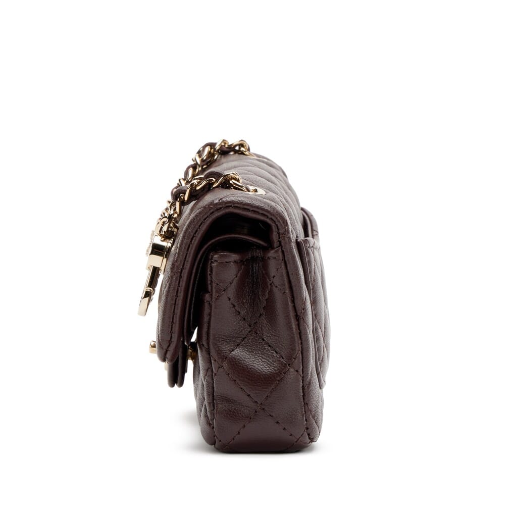 Dark Brown Quilted Lambskin Nano Classic Double Flap Bag Charm Light Gold Hardware, 2025
