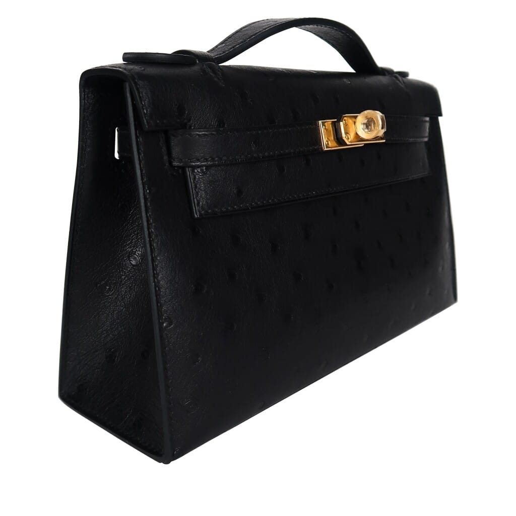 Black Ostrich Kelly Pochette Gold Hardware, 2025