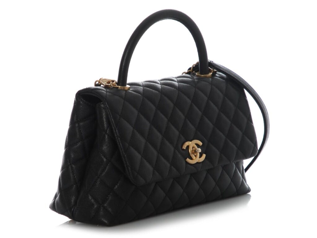 Black Quilted Caviar Small Coco Top Handle Gold Hardware, 2017