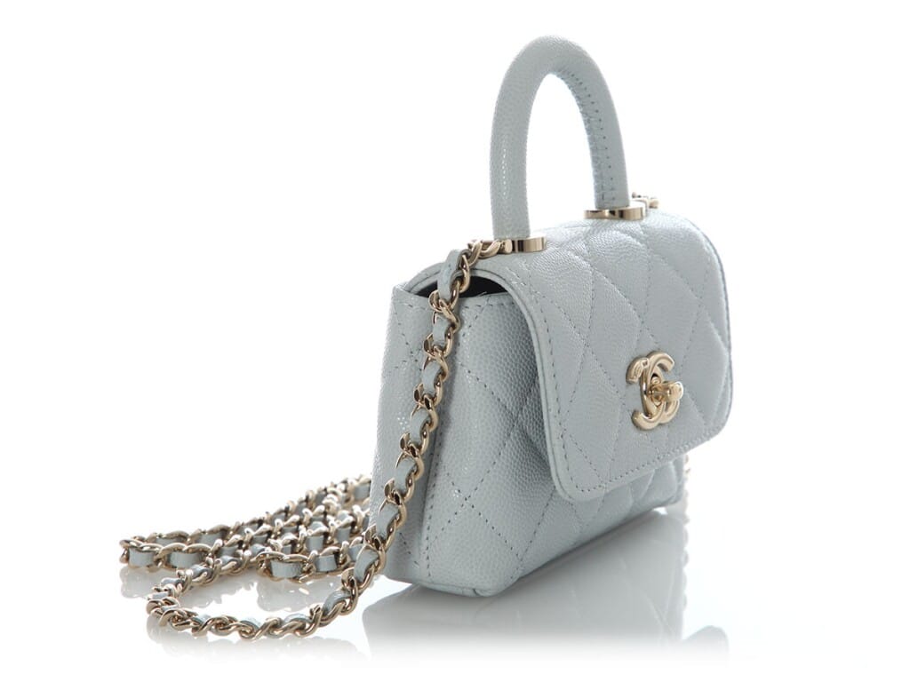 Light Blue Quilted Caviar Nano Coco Top Handle Gold Hardware, 2024