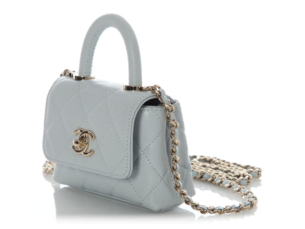 Light Blue Quilted Caviar Nano Coco Top Handle Gold Hardware, 2024