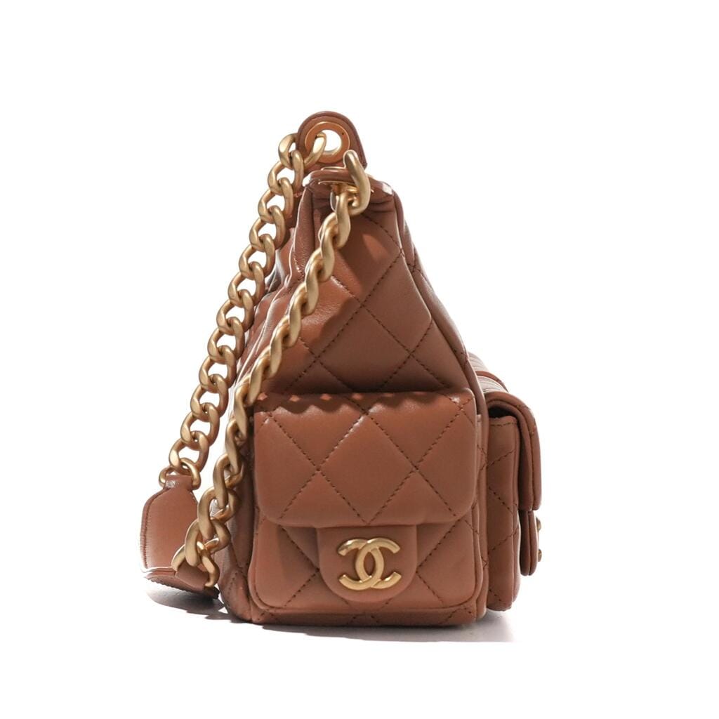Brown Quilted Lambskin Medium Trendy Pockets Hobo Aged Gold Hardware