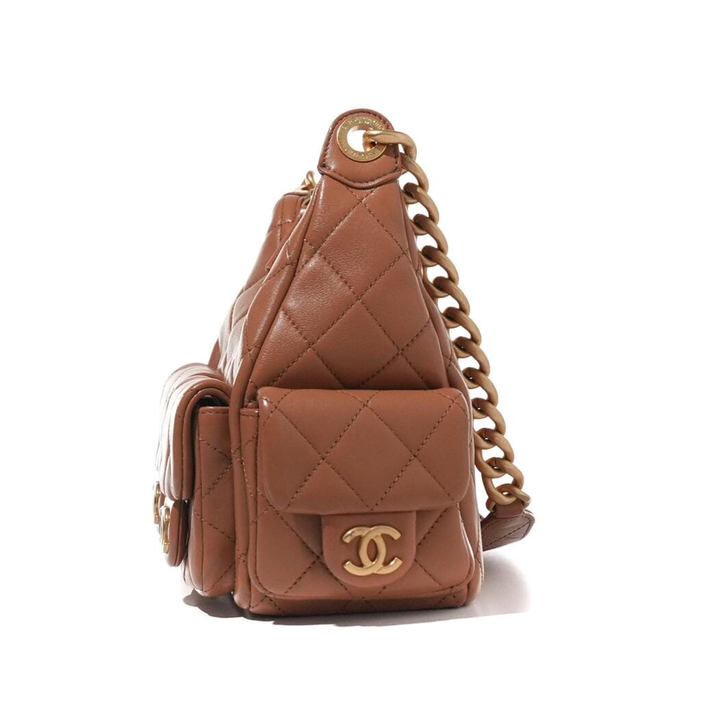 Brown Quilted Lambskin Medium Trendy Pockets Hobo Aged Gold Hardware