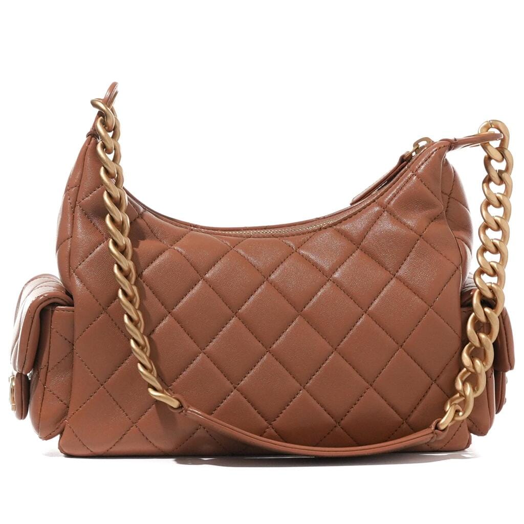 Brown Quilted Lambskin Medium Trendy Pockets Hobo Aged Gold Hardware
