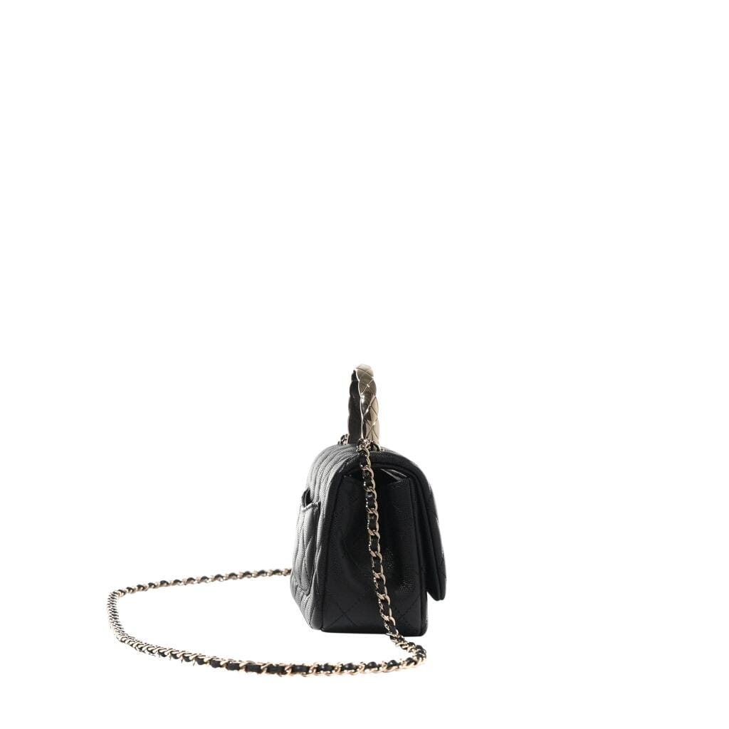 Black Quilted Caviar Top Handle Flap Bag Gold Hardware