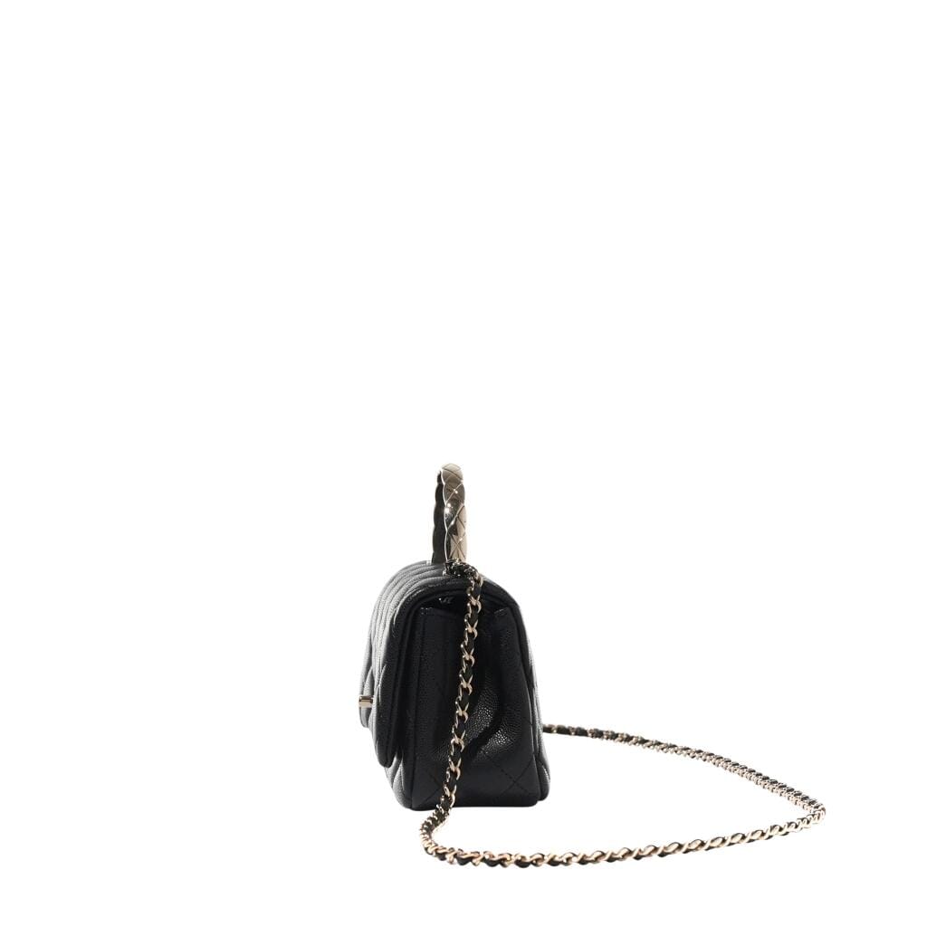 Black Quilted Caviar Top Handle Flap Bag Gold Hardware