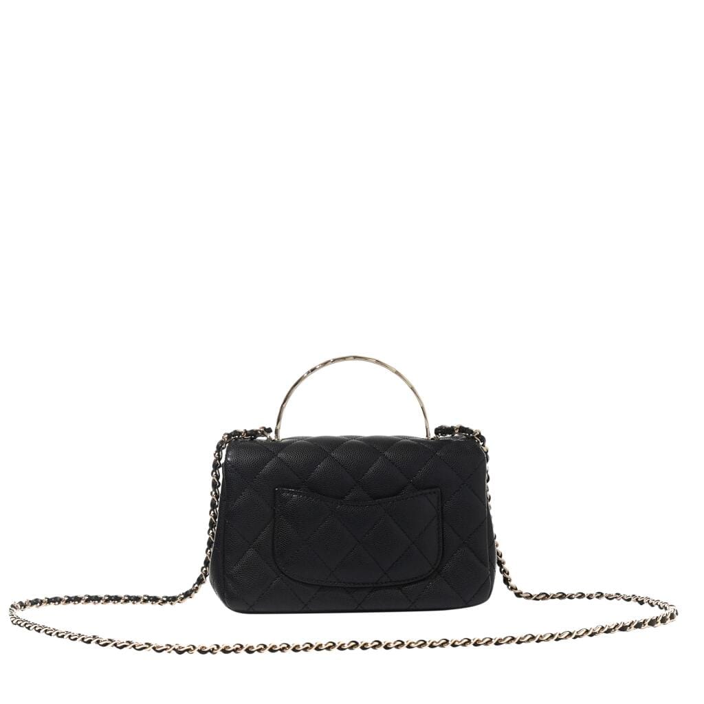Black Quilted Caviar Top Handle Flap Bag Gold Hardware