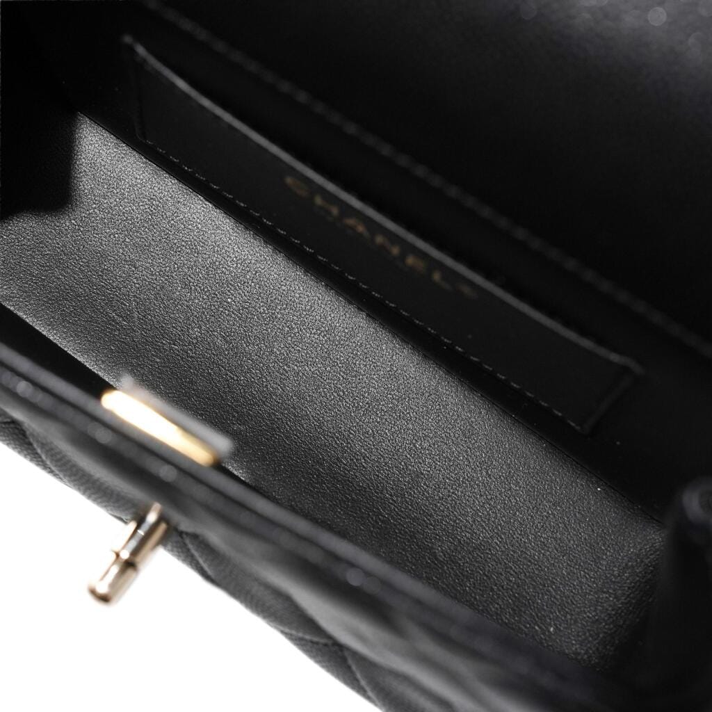 Black Quilted Caviar Top Handle Flap Bag Gold Hardware
