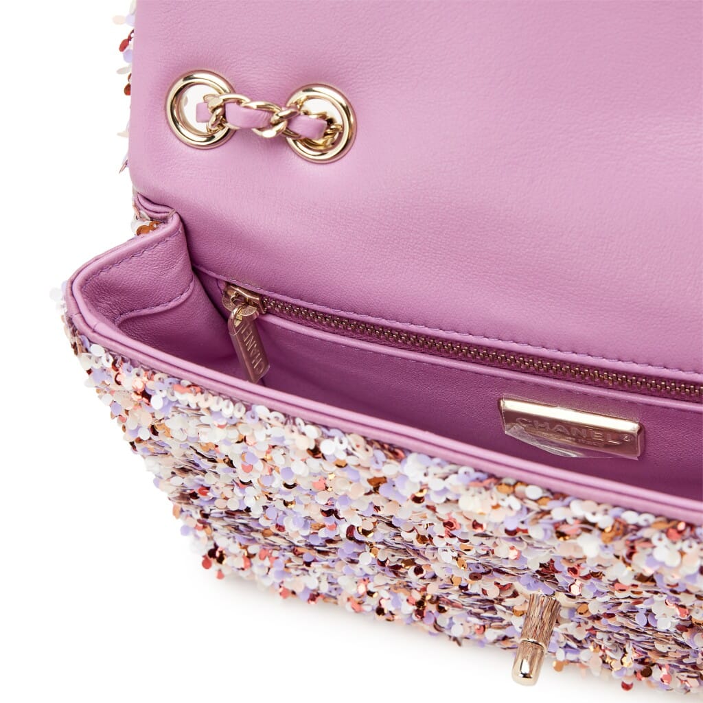 Pink, Lavender and White Sequin Mini Flap Bag Pale Gold Hardware, 2026