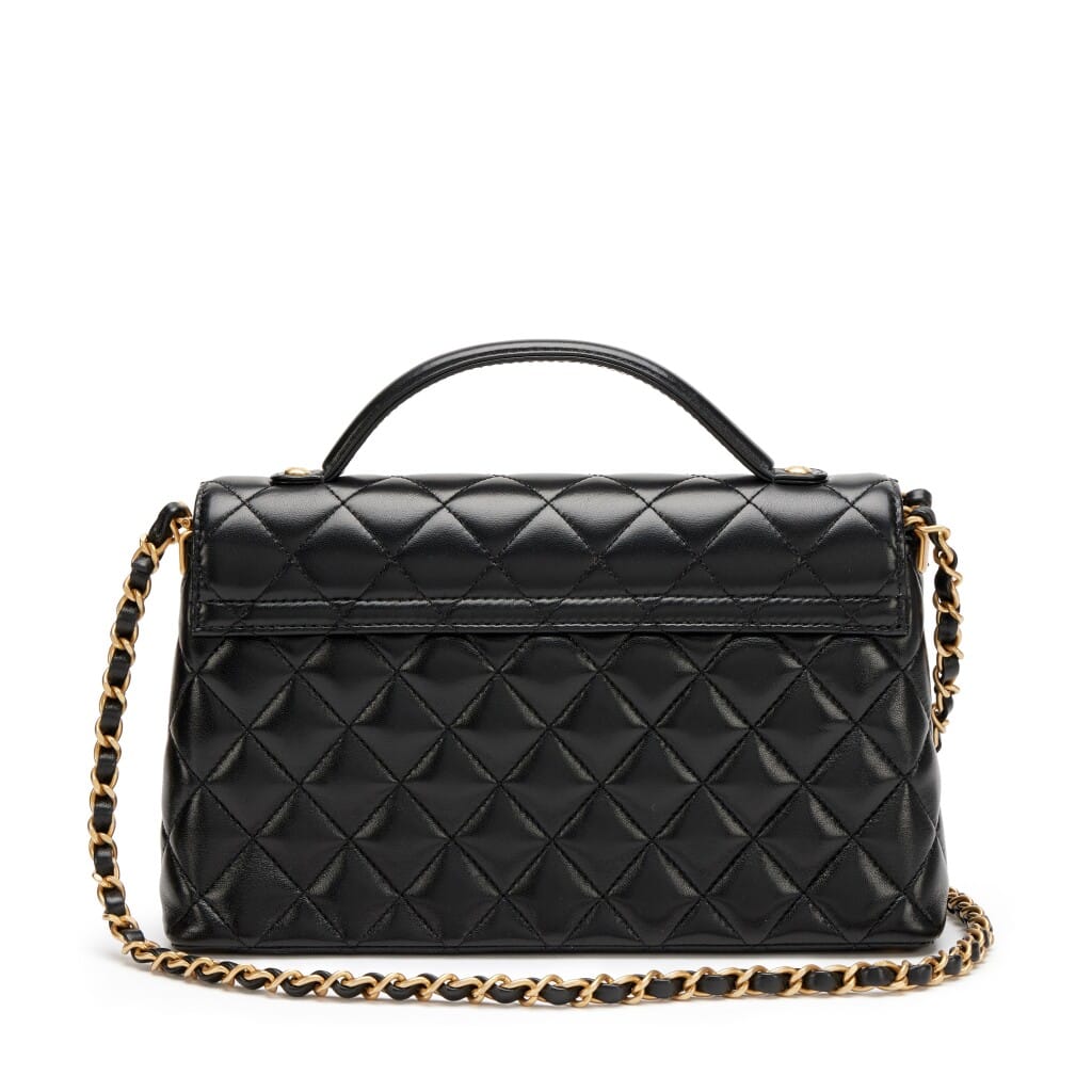 Black Quilted Lambskin Top Handle Medium Flap Bag Aged Gold Hardware, 2025