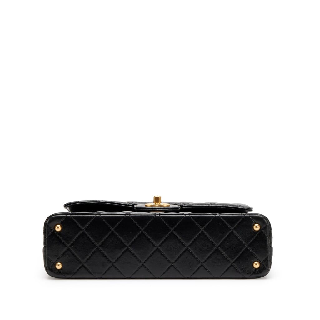 Black Quilted Lambskin Top Handle Medium Flap Bag Aged Gold Hardware, 2025