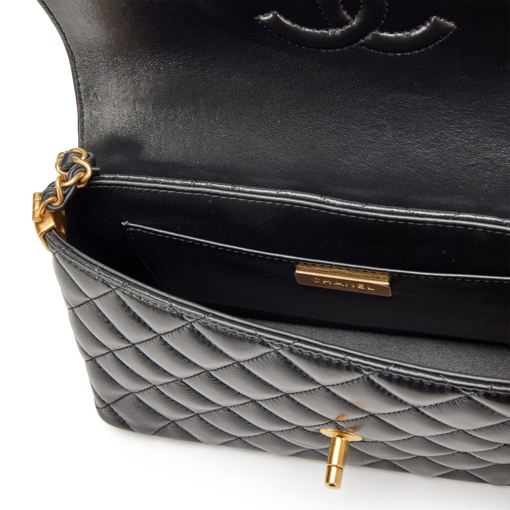 Black Quilted Lambskin Top Handle Medium Flap Bag Aged Gold Hardware, 2025