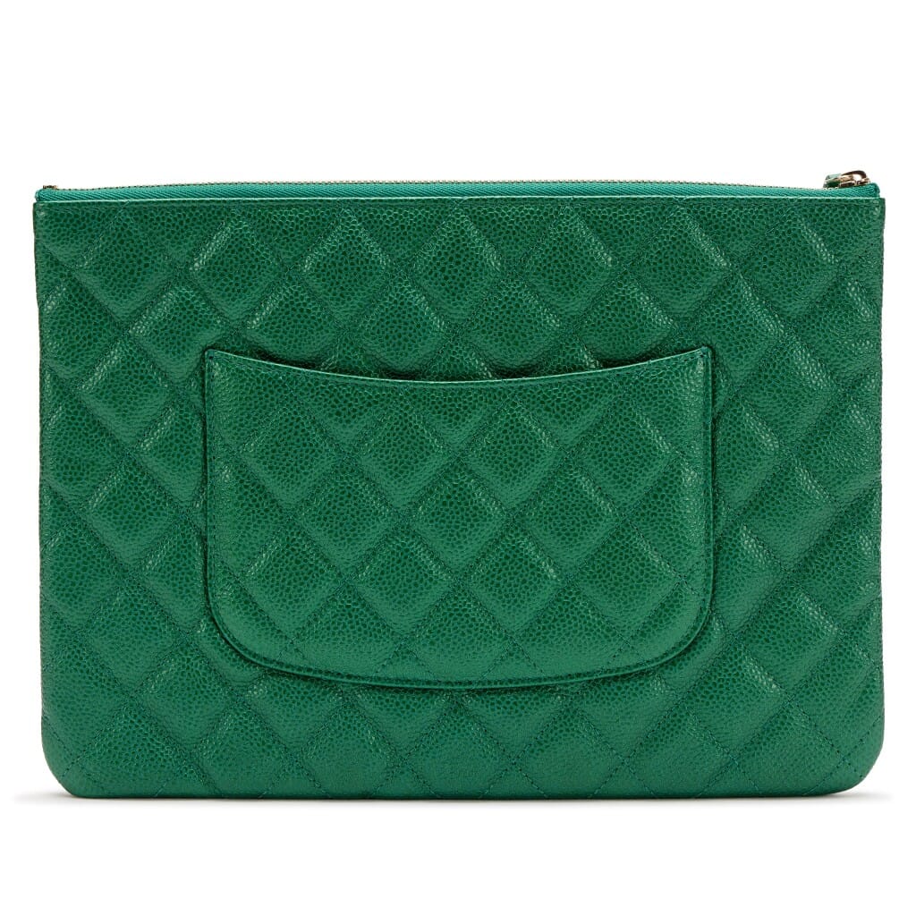 Metallic Pearly Green Quilted Caviar Large O Case Pouch Light Gold Hardware, 2018