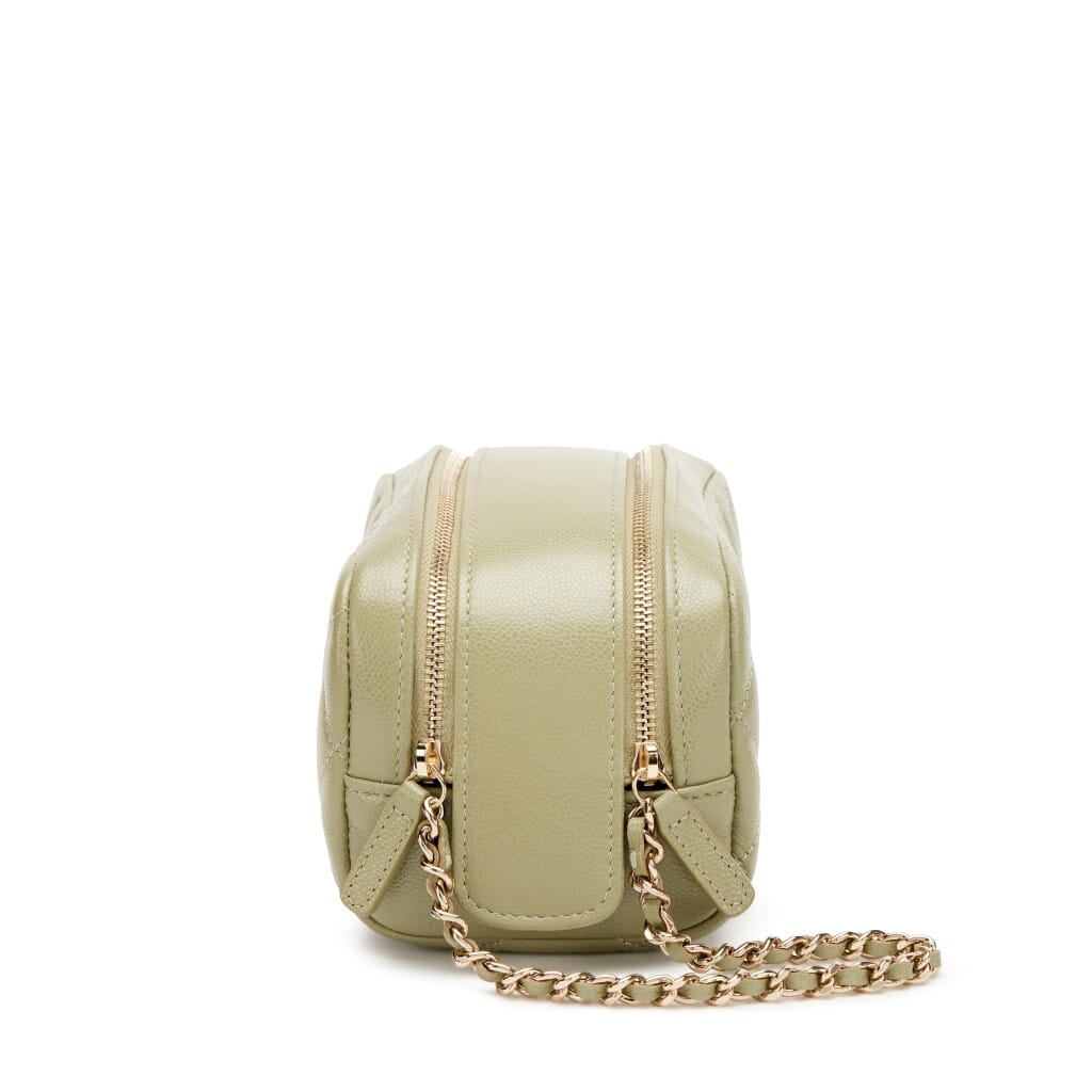 Light Army Green Quilted Caviar Double Zip Cosmetic Pouch with Chain Light Gold Hardware, 2024