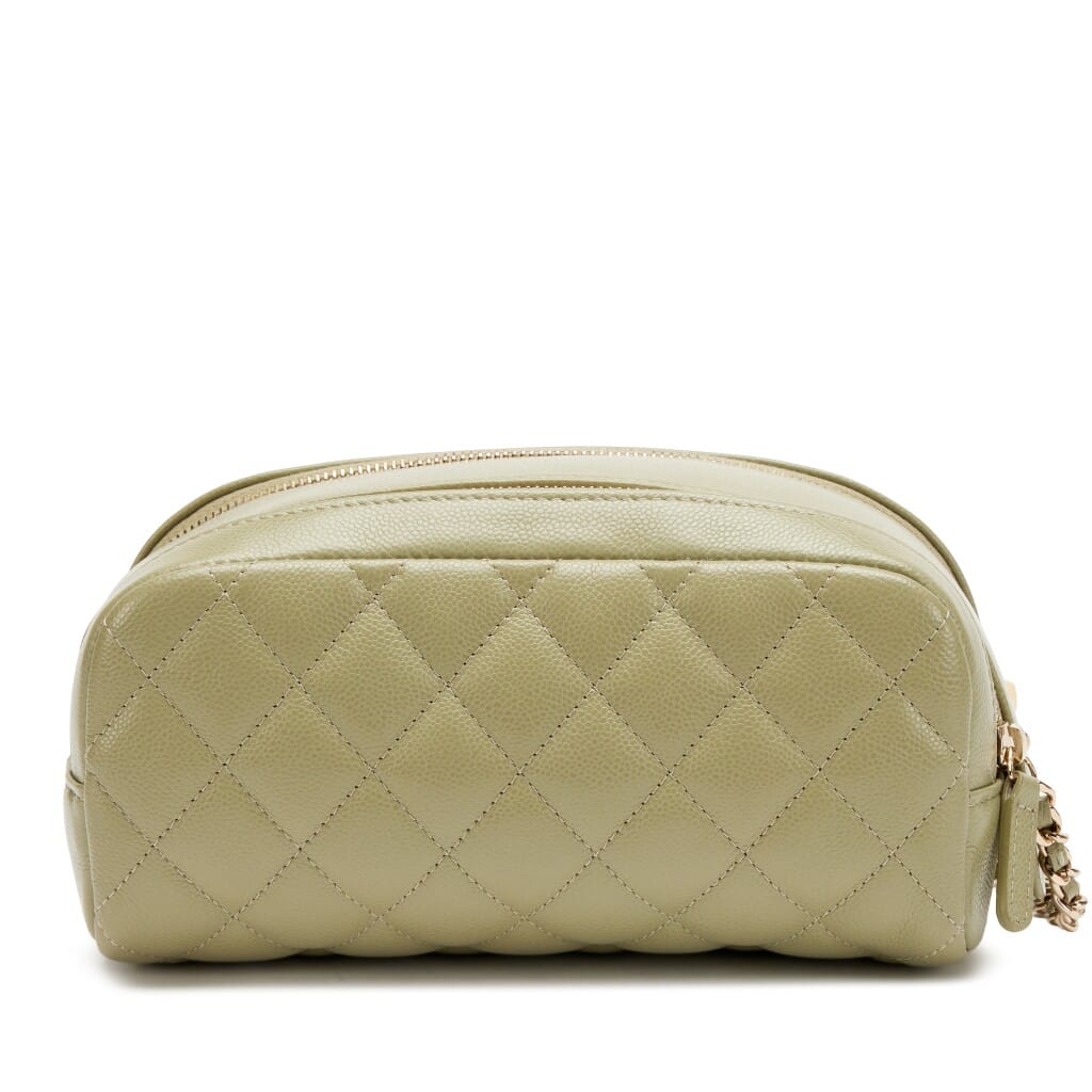 Light Army Green Quilted Caviar Double Zip Cosmetic Pouch with Chain Light Gold Hardware, 2024