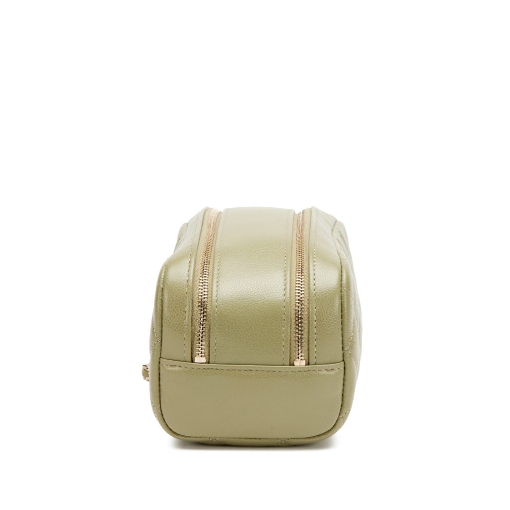 Light Army Green Quilted Caviar Double Zip Cosmetic Pouch with Chain Light Gold Hardware, 2024