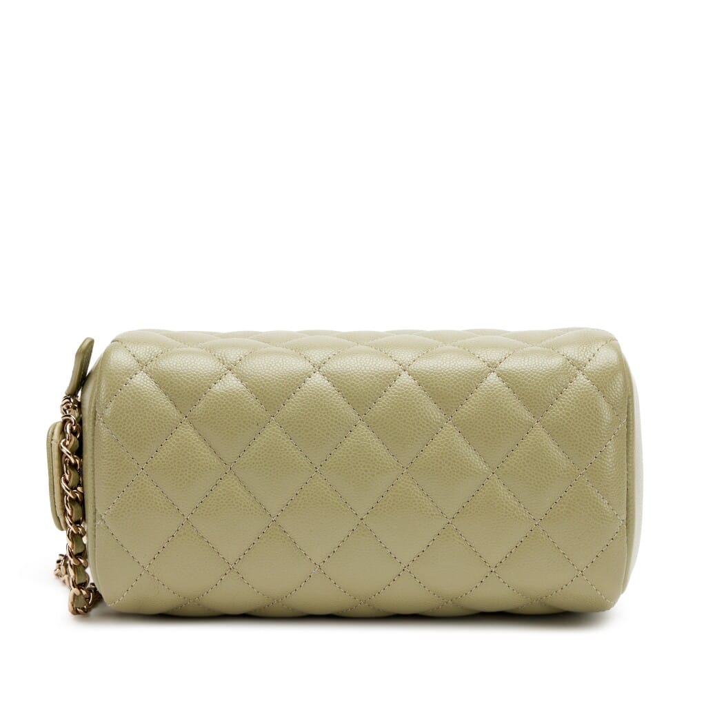 Light Army Green Quilted Caviar Double Zip Cosmetic Pouch with Chain Light Gold Hardware, 2024